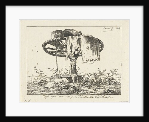 A wagon wheel on a tree trunk, some clothing, jug, tub, chicken by Anthonie Willem Hendrik Nolthenius de Man