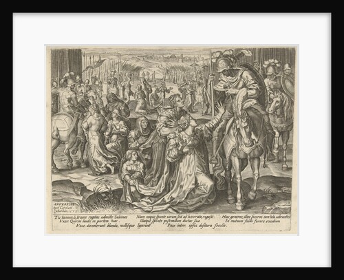 The Sabine women are kneeling at Roman and Sabine soldiers on horseback and beg them to stop fighting by Pieter Jalhea Furnius