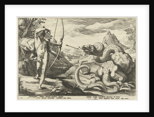 Apollo kills with many arrows the giant serpent Python by Workshop of Hendrick Goltzius