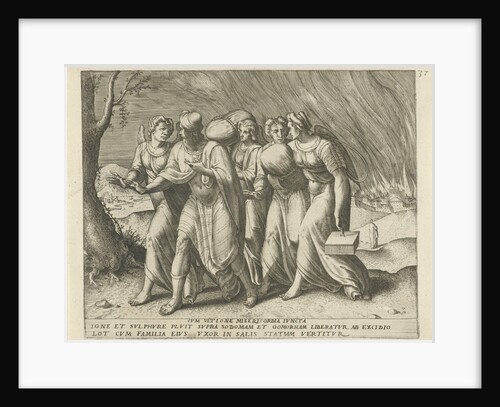 Lot leaves along with his wife and daughters the town Sodom, an angel shows them the way by Frans Menton