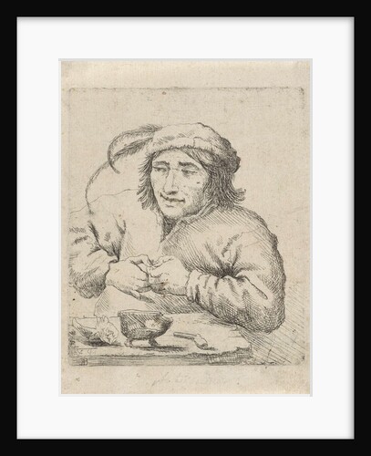 A man wearing a hat with feathers sits at a table, in front of him tobacco and a pipe by Anonymous