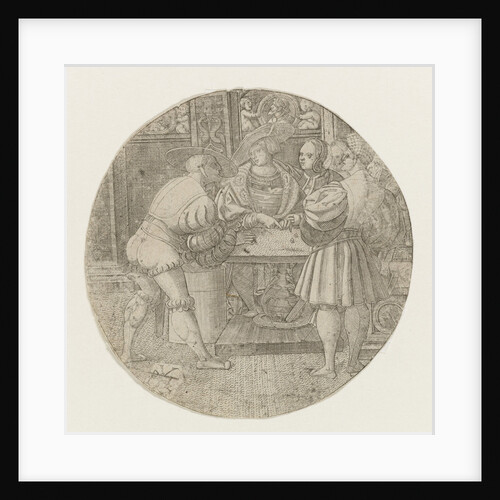 Circular performance with three men around the table with two dice by Monogrammist PVL