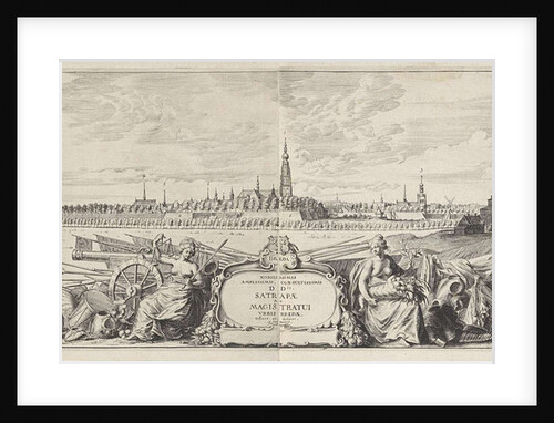 Justice and the personification of abundance sit on opposite sides of a cartouche by Abraham Dircksz Santvoort