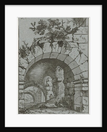 View of the vaults of a ruin, where half a person sitting with a sketch by Hermanus Fock