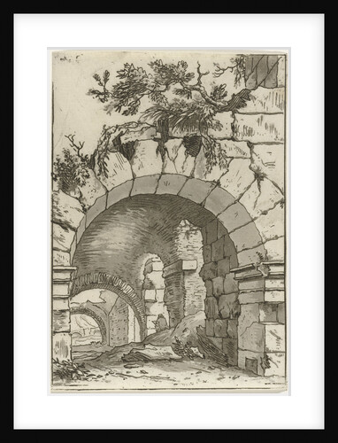 View of the vaults of a ruin, where half a person sitting with a sketch by Hermanus Fock
