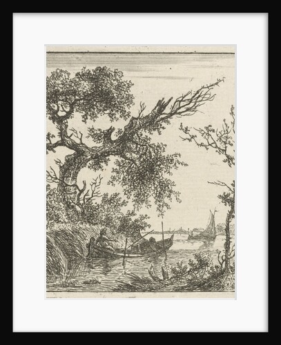 A view on a large overhanging tree and a rowing boat where two men sit by Hermanus Fock
