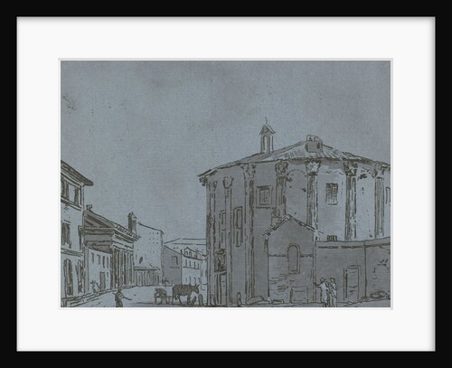 A cityscape with a temple, walking on the street three people, a fourth person is at work next to a horse by Hermanus Fock