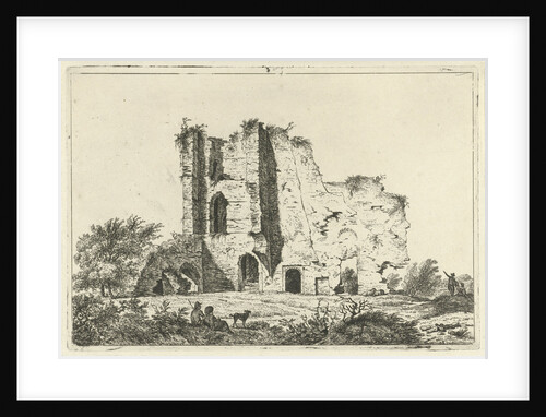 View of ruins, in the shadows are a man and a woman with a dog in the grass by Hermanus Fock