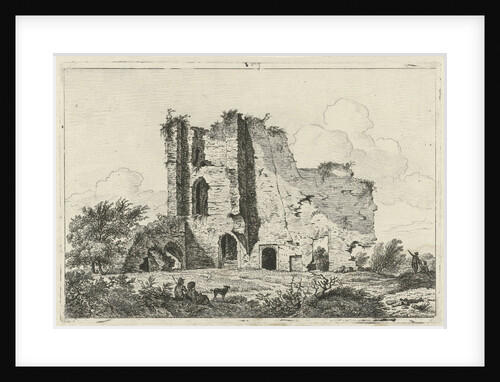 Shepherds with dog in ruin by Hermanus Fock