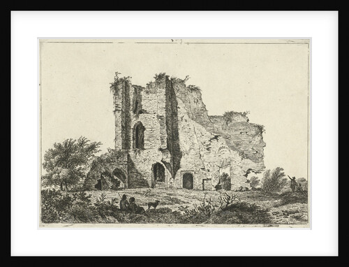 Shepherds with dog in ruin by Hermanus Fock