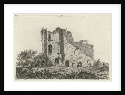 Shepherds with dog in ruin by Hermanus Fock