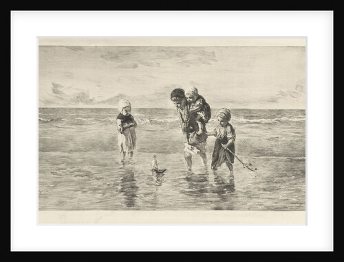 Four children playing with toy boat on the beach in shallow seawater by Jozef Israëls
