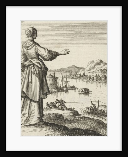 Woman overlooking a bay where a ship is towed by Pieter Arentsz II