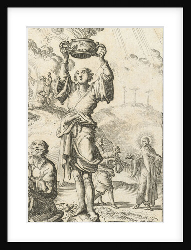 Figure stands on an orb and holds a smoking sacrifice dish in the air by Jurriaen van Poolsum
