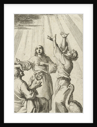 Three figures look up and are illuminated by a beam of heavenly light by Barent Bos