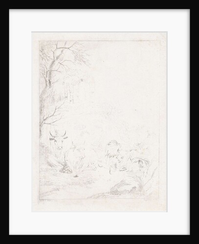 Cows, goats and sheep in a mountainous landscape with ruins by Diederik Jan Singendonck