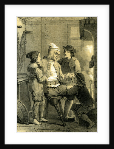 Man Children Fire Place Wooden Leg 19th Century by Anonymous