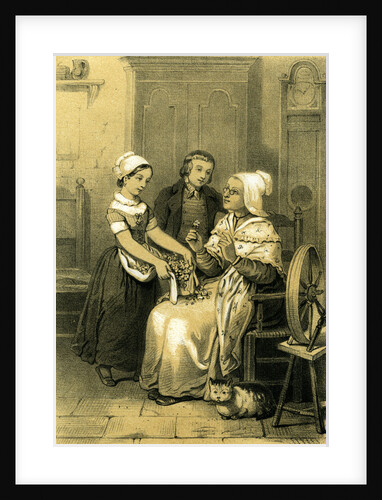 Girl Boy Lady Spinning Wheel Flowers 19th Century Clock Cupboard Marianne Chair Cat by Anonymous