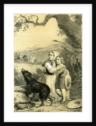 Child Dog 19th Century Woman Hat Country Side Tree Horses by Anonymous