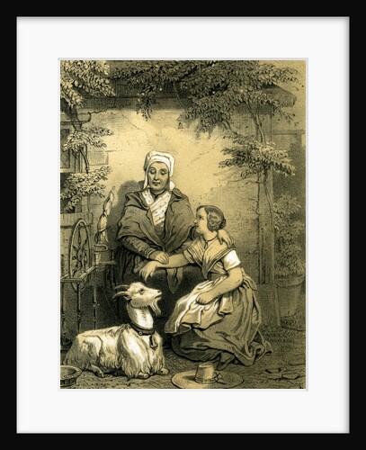 Goat Woman Girl Spinning Wheel 19th Century Hat Garden by Anonymous