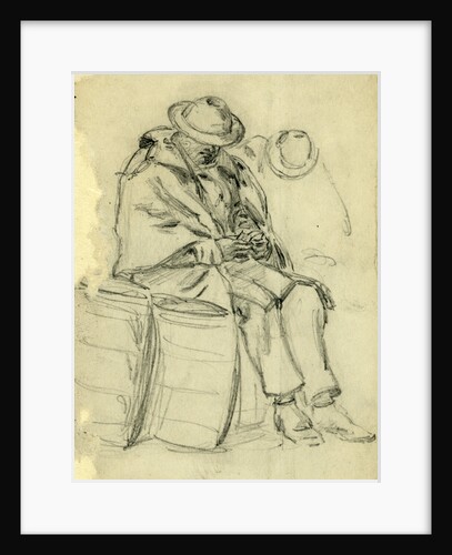 Figure wrapped in blanket sitting on a barrel and reading by Anonymous