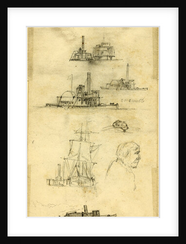 Broadside and bow views of eight ships and boats, and an unidentified profile bust portrait by Anonymous