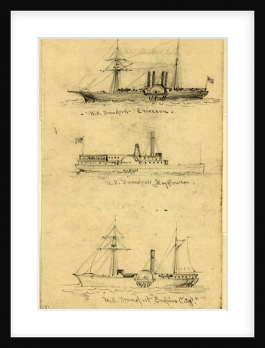 Broadside views of three sidewheel steamships: U.S. Transport Ericcson, U.S. Transport Mayflower, and U.S. Transport Empire City by Alfred R Waud
