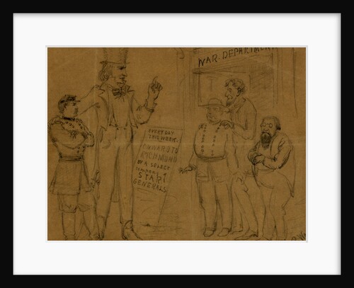 Cartoon showing Uncle Sam and General McClellan standing before a playbill by Alfred R Waud
