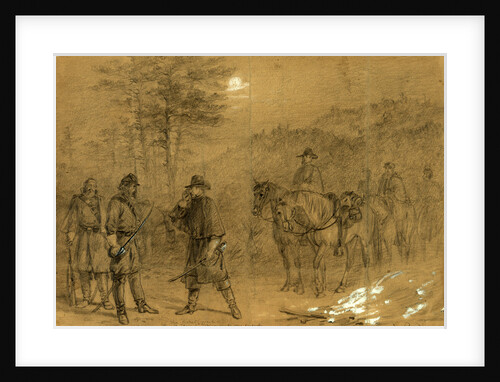 The picket guard. Who goes there Friends, Dismount one friend, advance and give the countersign, 1863 January by Alfred R Waud