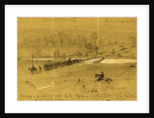 Bridges and rifle pits at U.S. Ford, in the Rappahannock from rebel shore, 1863 between April and May by Alfred R Waud