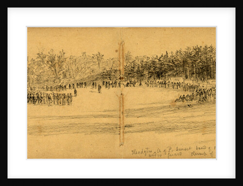 Headqtrs, A. of P. Sunset band of 114. Penn, on left, on right, rebels under guard by Alfred R Waud