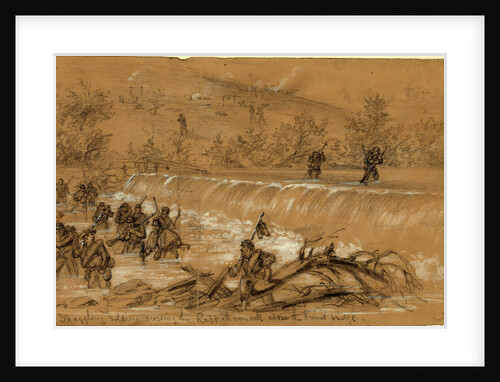 Straggling soldiers crossing the Rappahannock above the burnt bridge, 1863 October by Alfred R Waud