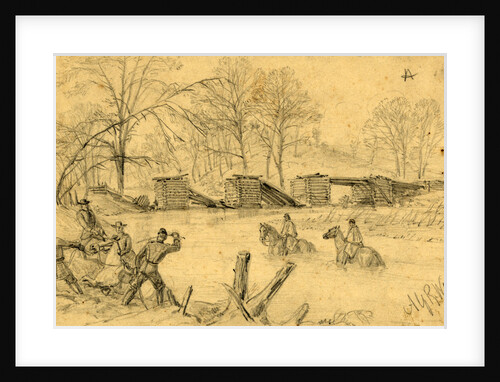 Soldiers on horseback crossing a river near a collapsed bridge by Alfred R Waud