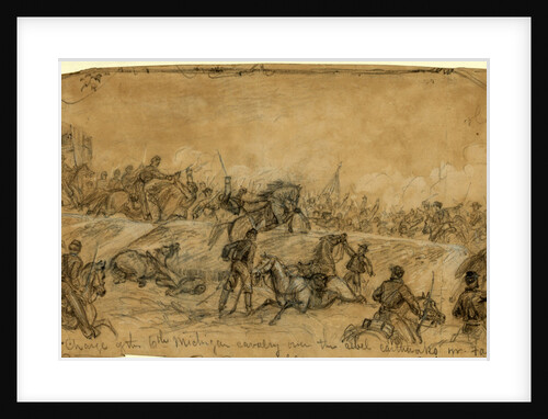 Charge of the 6th Michigan cavalry over the rebel earthworks nr. Falling Waters, 1863 July 14 by Alfred R Waud