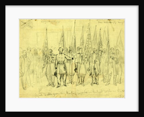 Genl. Custer presenting the flags captured in the last battle in the valley, 1864 October 23 by Alfred R Waud