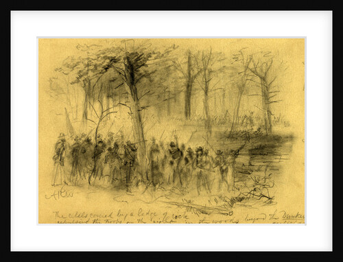 The rebels covered by a ledge of rock repulsing the troops on the right- in the woods beyond the Duncker ch. Antietam, 1862 September 17 by Alfred R Waud