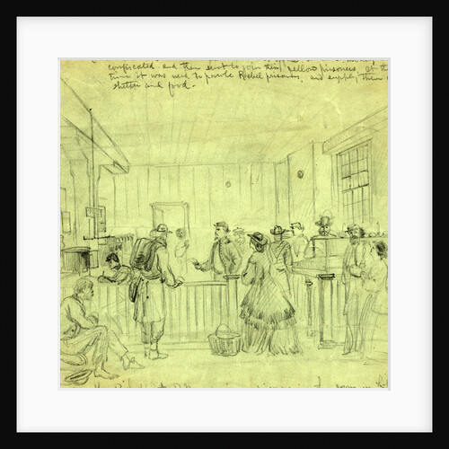 Lt. Bishop A.P.M. receiving prisoners in the room in Libby where our soldiers used to be robbed by the chivalry, 1865 by Alfred R Waud