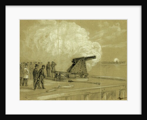 Scene on the dock at the Rip Raps. Testing the Sawyer gun and projectile, a shell bursting on the rebel batteries at Sewells Point, 1861 by Alfred R Waud