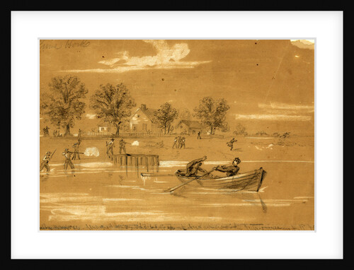 Guerilla warfare. Unarmed Union soldiers fired at by farmers on the James River, 1862 ca. July 8 by Alfred R Waud