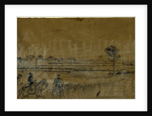 Officers on horseback watching infantry drills in distance by Alfred R Waud