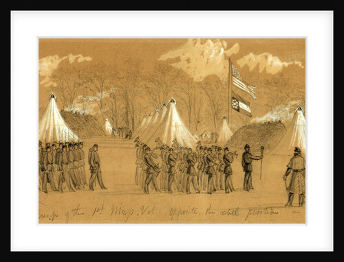 Guard Mount in the Camp of the 1st Mass. Vol. Opposite the rebel position on the Potomac near Budds Ferry by Alfred R Waud