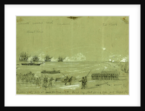 Capture of the Forts at Cape Hatteras inlet-First day, fleet opening fire and troops landing in the surf by Alfred R Waud