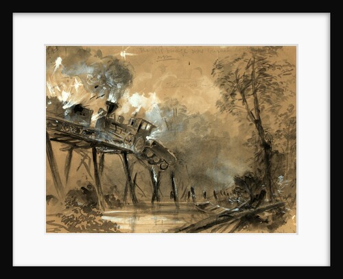 Destruction of the locomotives on the bridge over the Chickahominy by Alfred R Waud