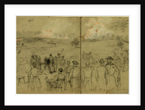 12th May Hancock and Wright fighting for the enemies rifle pits sketched from Lundmans house by Alfred R Waud