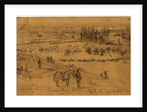 Camp at Cumberland with a view of the Pamunkey River full of gunboats and transports by Alfred R Waud