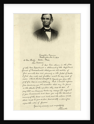 Letter from Abraham Lincoln to Mrs. Bixby, with bust-length portrait of Lincoln by M.B. Brady
