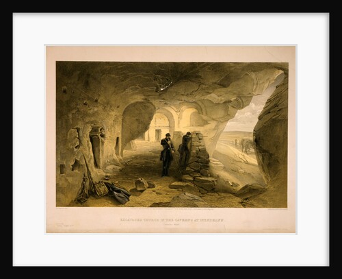 Excavated church in the caverns at Inkermann, looking west by William Simpson