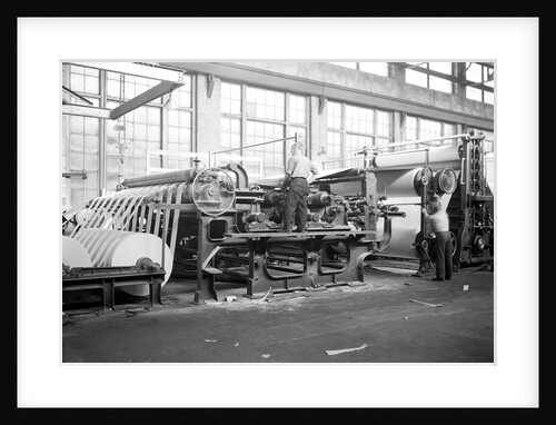 Mt. Holyoke, Massachusetts - Paper. American Writing Paper Co. Cylinder machine (making matchboard), 1936 by Lewis Hine