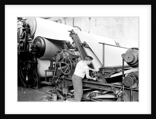 Mt. Holyoke, Massachusetts - Paper. American Writing Paper Co. Cylinder machine (making matchboard), 1936 by Lewis Hine