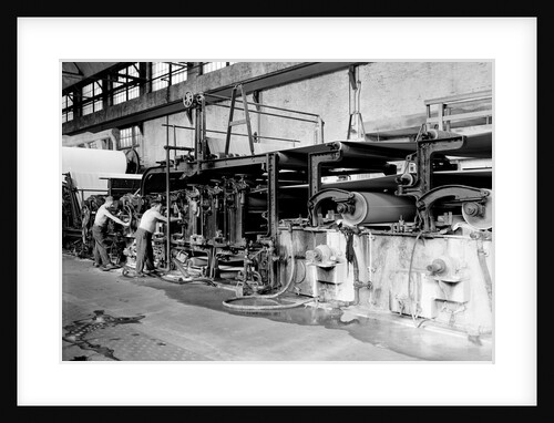 Mt. Holyoke, Massachusetts - Paper. American Writing Paper Co. Cyliner machine (making matchboard), 1936 by Lewis Hine